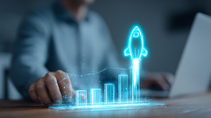Glowing Rocket Launching Above Digital Bar Chart business growth