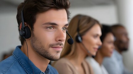 Diverse call center professionals wearing headsets engaged in focused communication and customer support