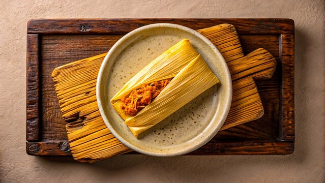 Traditional tamale wrapped in corn husk served on plate with wooden board
