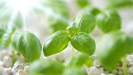 Fresh green basil leaves growing in soil with dew drops