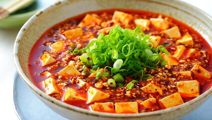 Spicy mapo tofu with green onions in ceramic bowl