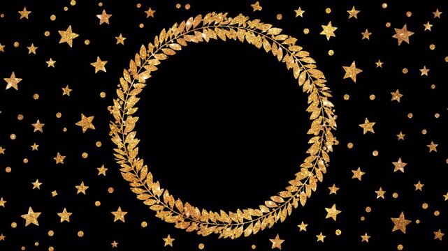 Animated golden glitter laurel wreath frame with sparkling stars and dots. Elegant award or holiday overlay element for videos. Looped animation with a transparent background for easy use.