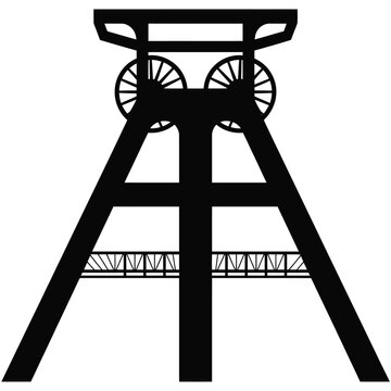 Coal Mine Headframe Silhouette Vector, Industrial Mining Structure Isolated on White Background, Energy and Industry Illustration