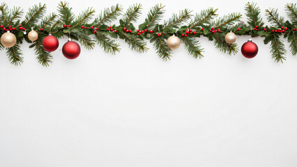 Weihnachtliche Girlande mit roten und goldenen Kugeln auf wei&szlig;em Hintergrund