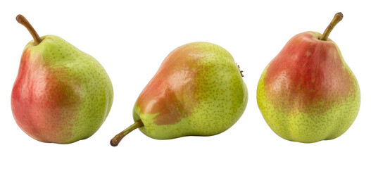 Three green pears with red blush red pears fruit isolated on a transparent background