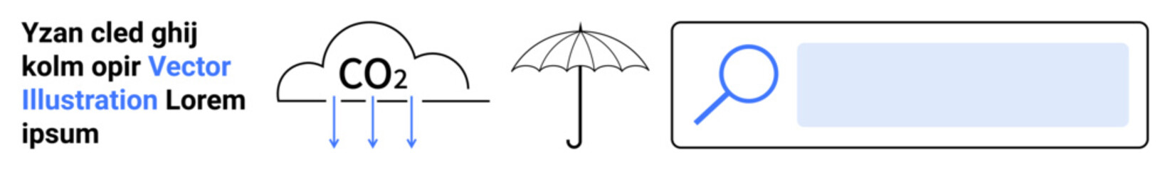 Climate change, environmental awareness, carbon reduction, green initiatives, research, protection. CO2 cloud with rain, umbrella and search field graphic. Climate change and environmental awareness