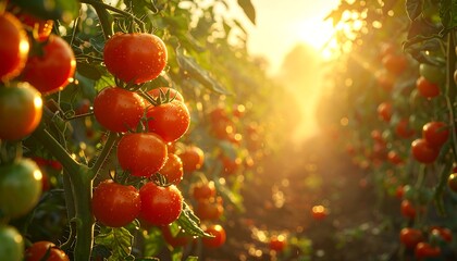 Rows of ripe tomatoes on vines in a field bathed in golden light at sunset/sunrise, promising a bountiful harvest
