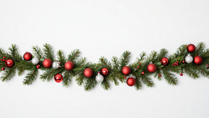 Weihnachtliche Girlande mit roten und silbernen Kugeln auf wei&szlig;em Hintergrund
