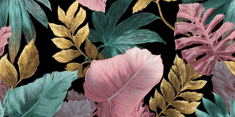 Tropical leaf pattern with gold and pink hues on a black background