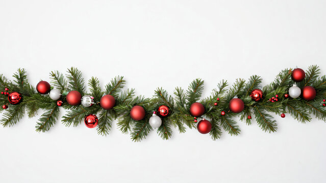 Weihnachtliche Girlande mit roten und silbernen Kugeln auf wei&szlig;em Hintergrund
