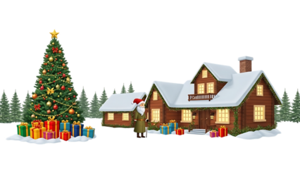 Santa Claus standing outside a snow covered wooden house with Christmas tree and gifts