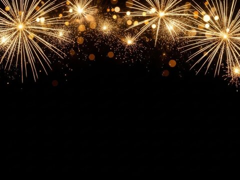A dazzling display of golden fireworks bursting against a deep black sky, creating a vibrant upper border for celebration designs