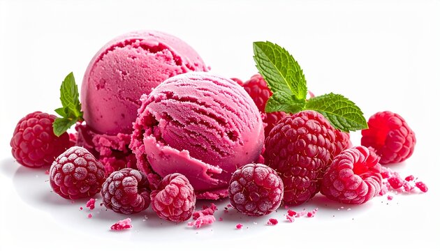Pink raspberry ice cream scoop with fresh berries