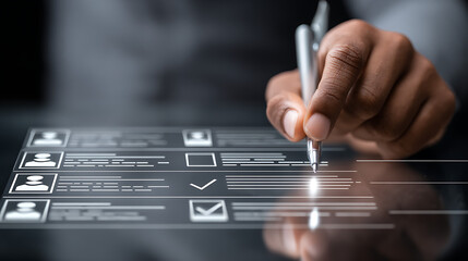 Hand holding pen interacting with digital interface technology