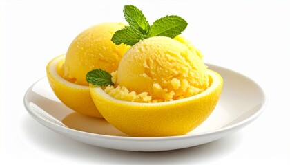 Yellow lemon sorbet served in real fruit peel