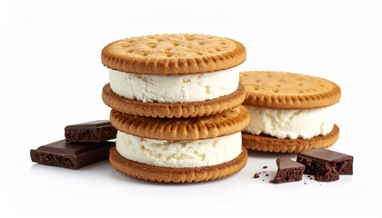 Vanilla ice cream sandwich with round biscuit cookies