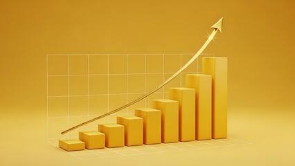 Golden bar chart with rising arrow on grid background graph