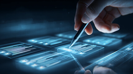 Hand holding stylus interacting with glowing digital interface image