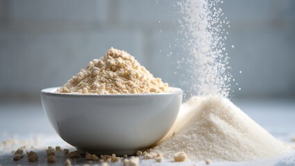 Powder being poured into a white bowl