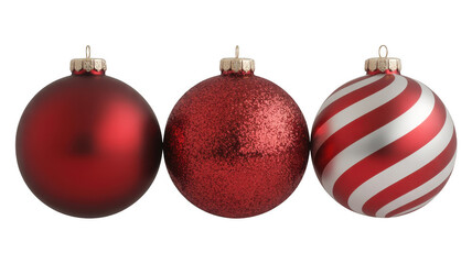Three red Christmas ornaments isolated on a transparent background