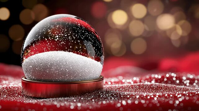 Christmas snow globe with flying snow on a red festive background. Holiday video with copy space for text, greeting card, promotions, and seasonal designs