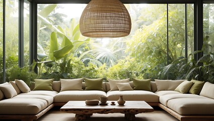 Serene living room with lush greenery and natural light