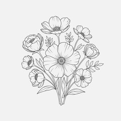Elegant Hand-Drawn Floral Bouquet Line Art Illustration. Delicate Botanical Sketch for Design, Wedding Invitations, Coloring Book, or Decorative El...