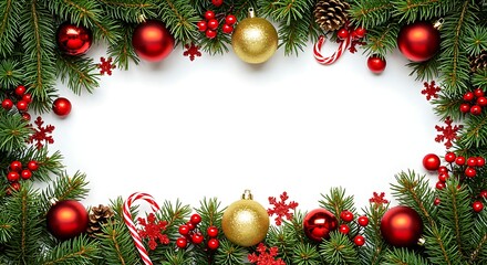 Christmas Garland Border with Ornaments Pinecones Berries and Candy Canes on White frame christmas tree