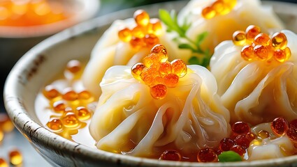 Delicious dumplings topped with salmon roe in a bowl