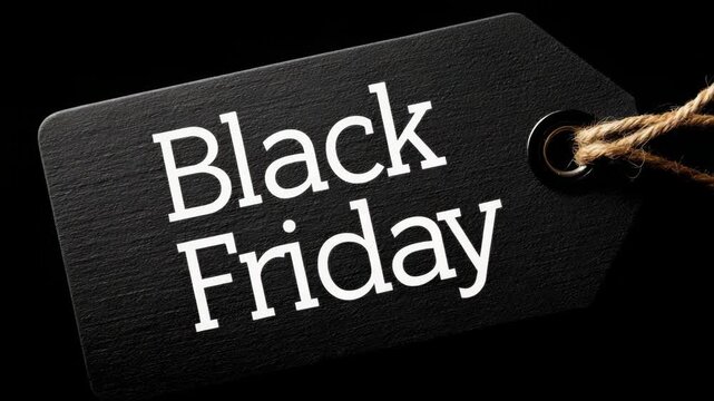 Black friday sale tag on black background with white text and twine loop