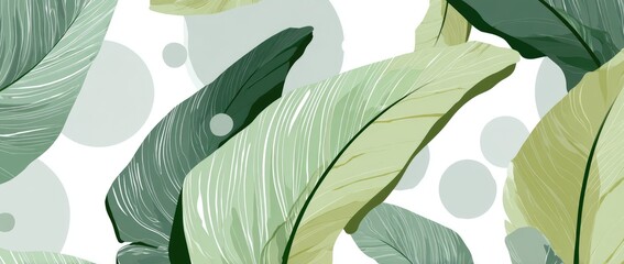 Abstract pattern of various green and beige leaves on a white background with light gray circles