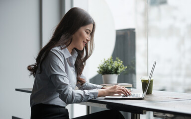 Side view of elegant businesswoman using a laptop, sitting by the window in a coffee shop.