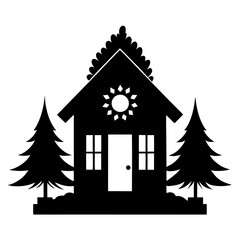 Vector illustration of a Christmas tree icon and house silhouette set with real estate architecture design elements including a cottage roof and window symbol