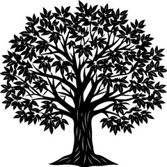 A black and white vector tree silhouette illustration featuring a detailed trunk and branches with leaves for nature-inspired forest design, symbolizing seasonal growth and organic art elements
