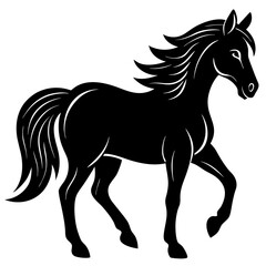 A wild black mustang stallion and running pony are depicted in this equine vector illustration featuring a horse silhouette drawing isolated on white for equestrian nature art and farm design