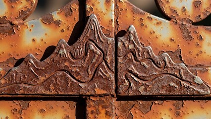 Close-up of abstract mountain shapes on rustic weathered metal gate surface