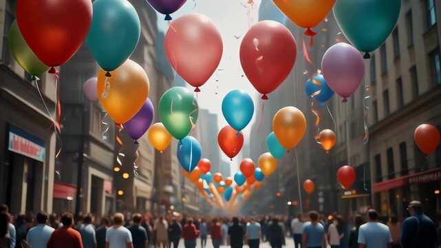 Vibrant celebration in a bustling city with colorful balloons floating above a diverse crowd. Community event or street festival concept for a public holiday parade or party