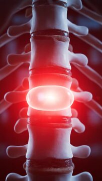 3D Animation of a Human Spine with a Highlighted Red Area Indicating Pain or Injury.