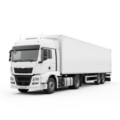 A modern white semi-truck with a large cargo trailer isolated on a clean white background, representing logistics and freight transportation