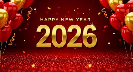 Golden Happy New Year 2026 text with red balloons and falling confetti on a red background image photo