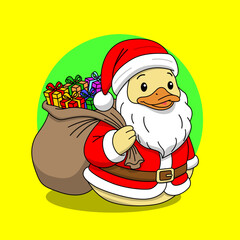A rubber duck becomes Santa Claus carrying a large sack of Christmas presents. National Rubber Duck Day, January 13th.