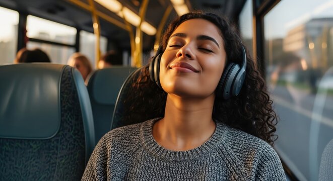 Happy young woman listening to music with closed eyes while commuting on a city bus.
