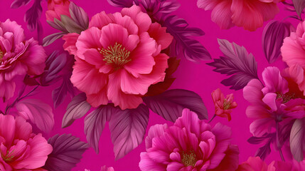 Close-up of a vibrant peony with full blooms and lush leaves against a fuchsia background. The detailed petals and shades of pink create a captivating floral pattern.