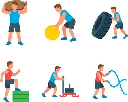 Fitness workout cartoon characters set