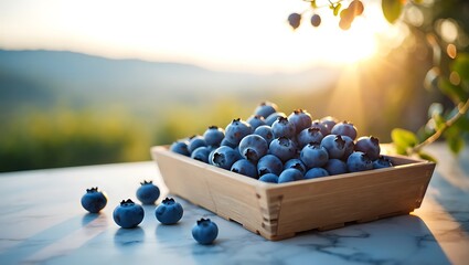 Fresh blueberries in a wooden crate on a marble surface