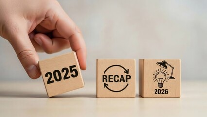 2025 Year in Review Business and Finance. Wooden blocks showing recap and idea moving toward 2026, symbol of business transition and growth.
