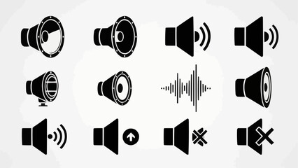 Collection of Black Speaker Icons and Sound Wave Graphics.