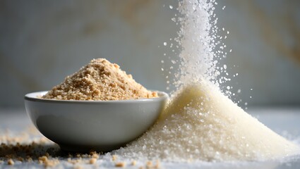 Brown sugar and white sugar in bowl and on table
