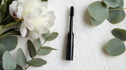 Overhead flat lay of a black mascara tube with a brush applicator, surrounded by delicate white peonies and eucalyptus leaves on a textured white background