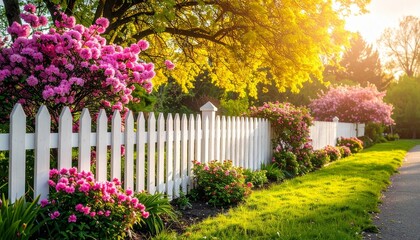 Fototapeta premium Spring garden with blooming flowers and white picket fence bathed in sunlight showcasing seasonal harmony and renewal